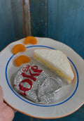 Fake food plate- Bedazzled diet coke, mandarin orange slices and an egg salad sandwich
