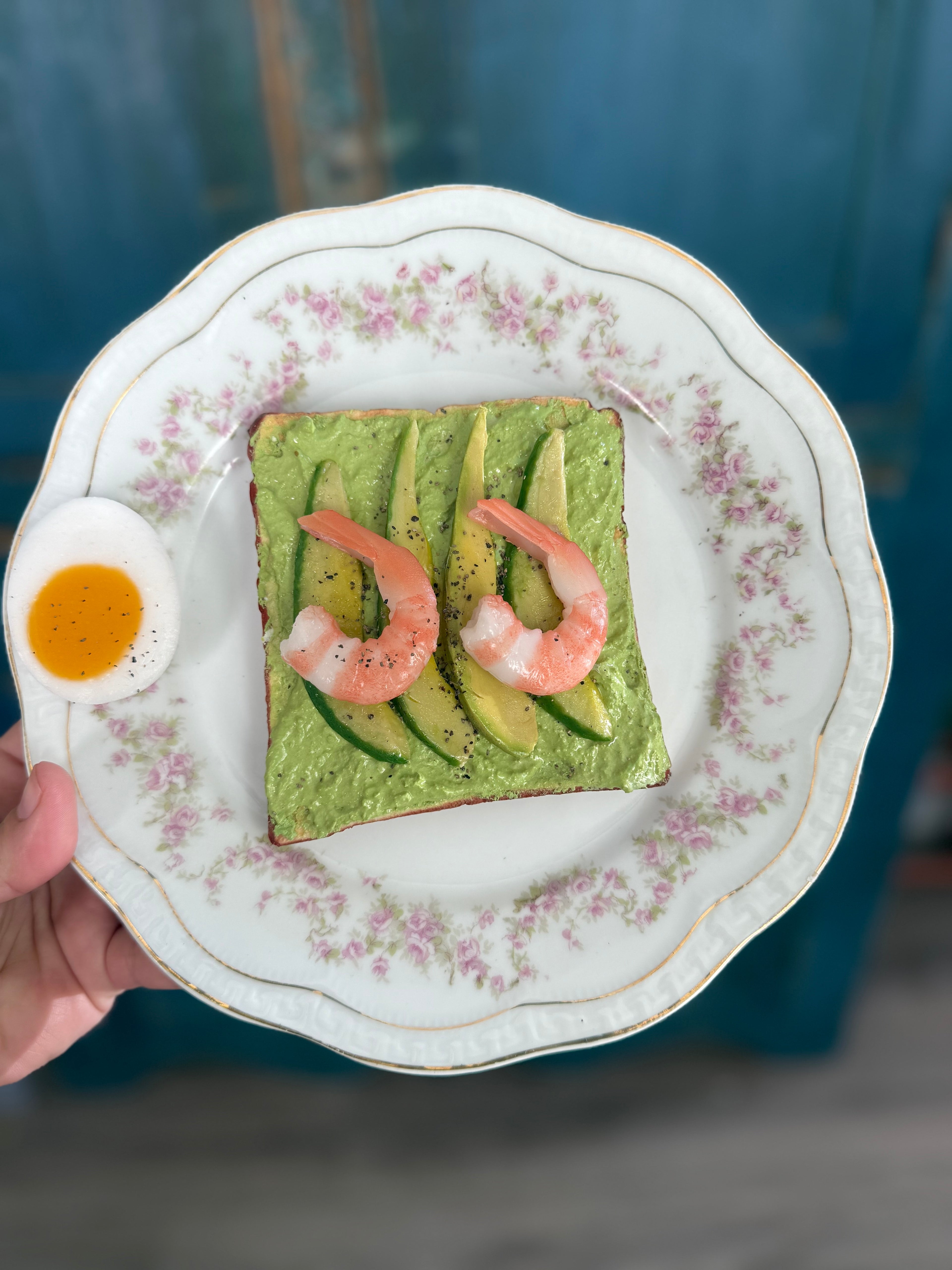 Fake Food Plate- Avocado Toast w/Shrimp and boiled egg