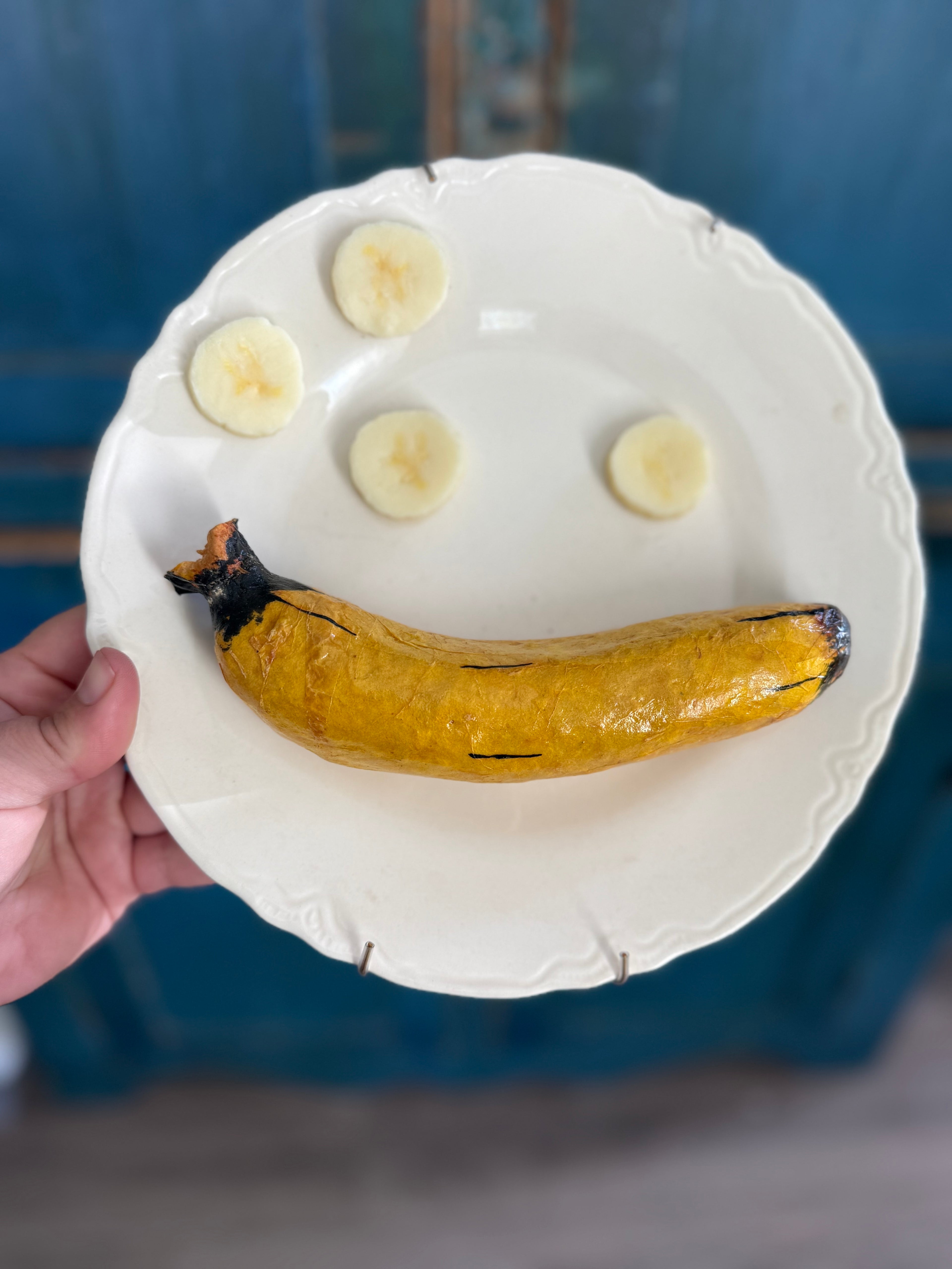 Fake food plate- Paper mache banana with banana slices