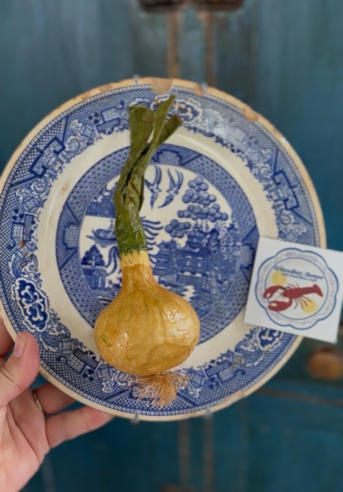 Fake Food Plate- Paper Mache Onion on Vintage Chippy Blue Willow