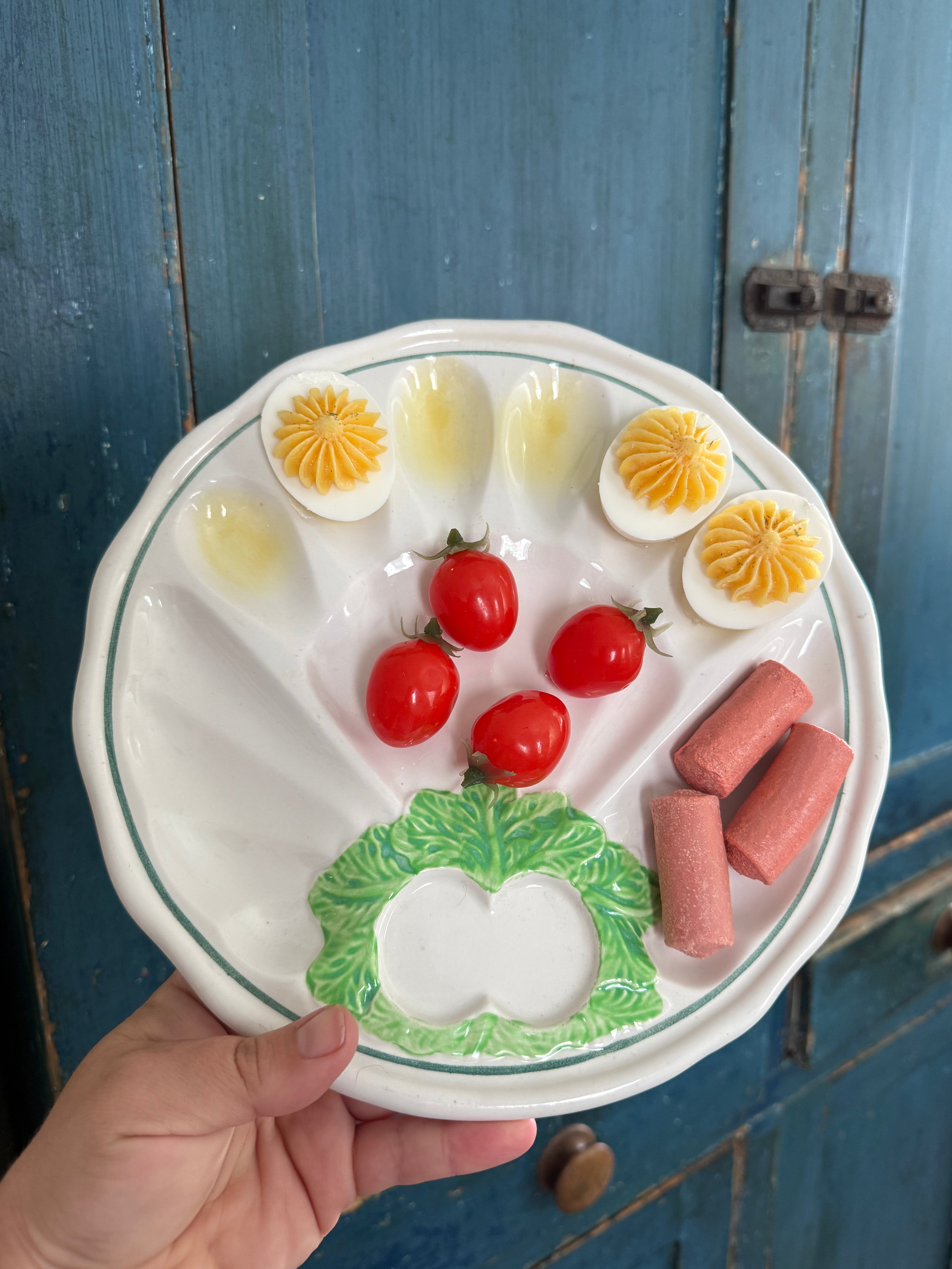 Fake Food Plate- Sausage on Vintage Deviled Egg Platter