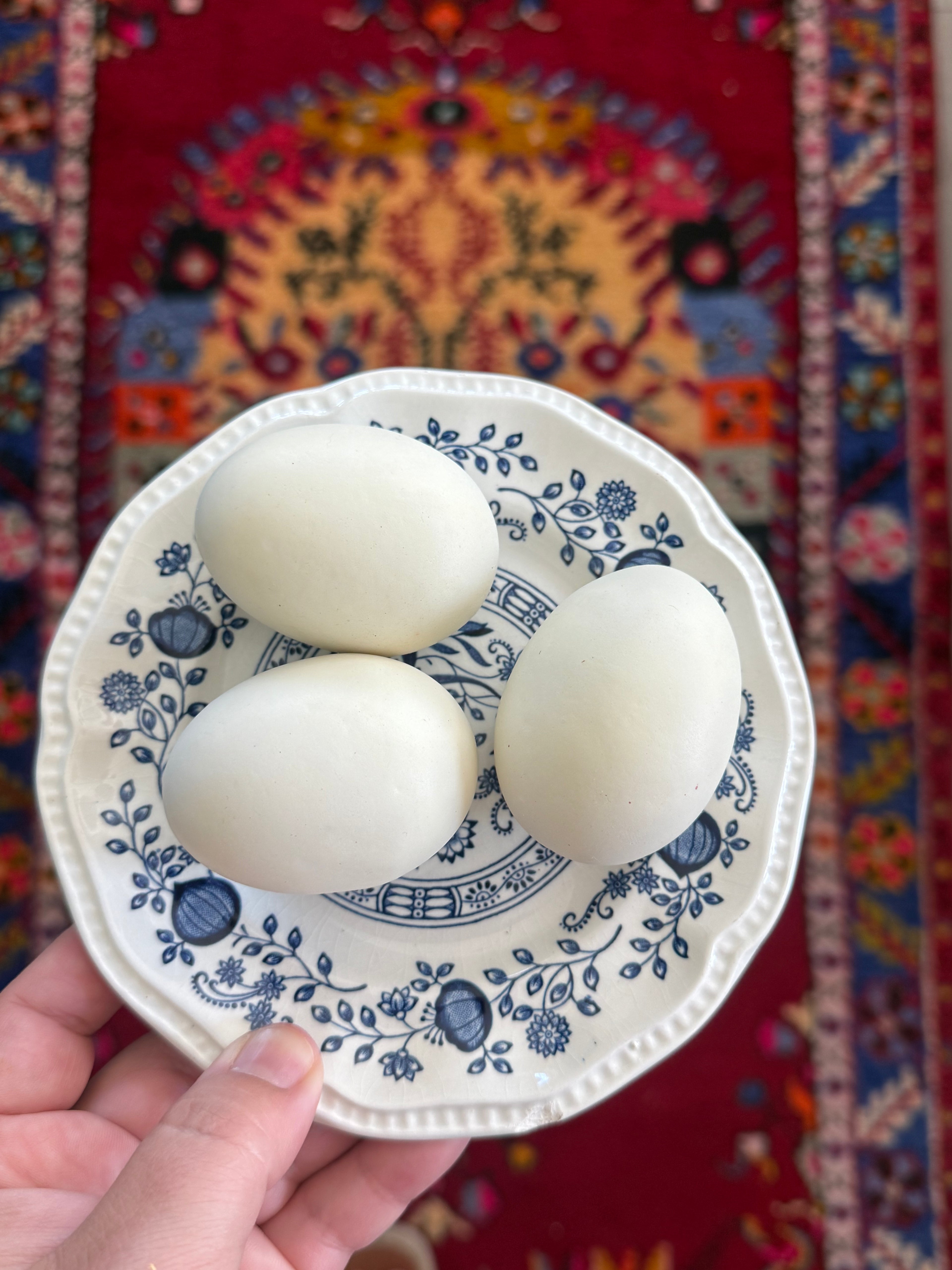 Faux eggs on vintage plate