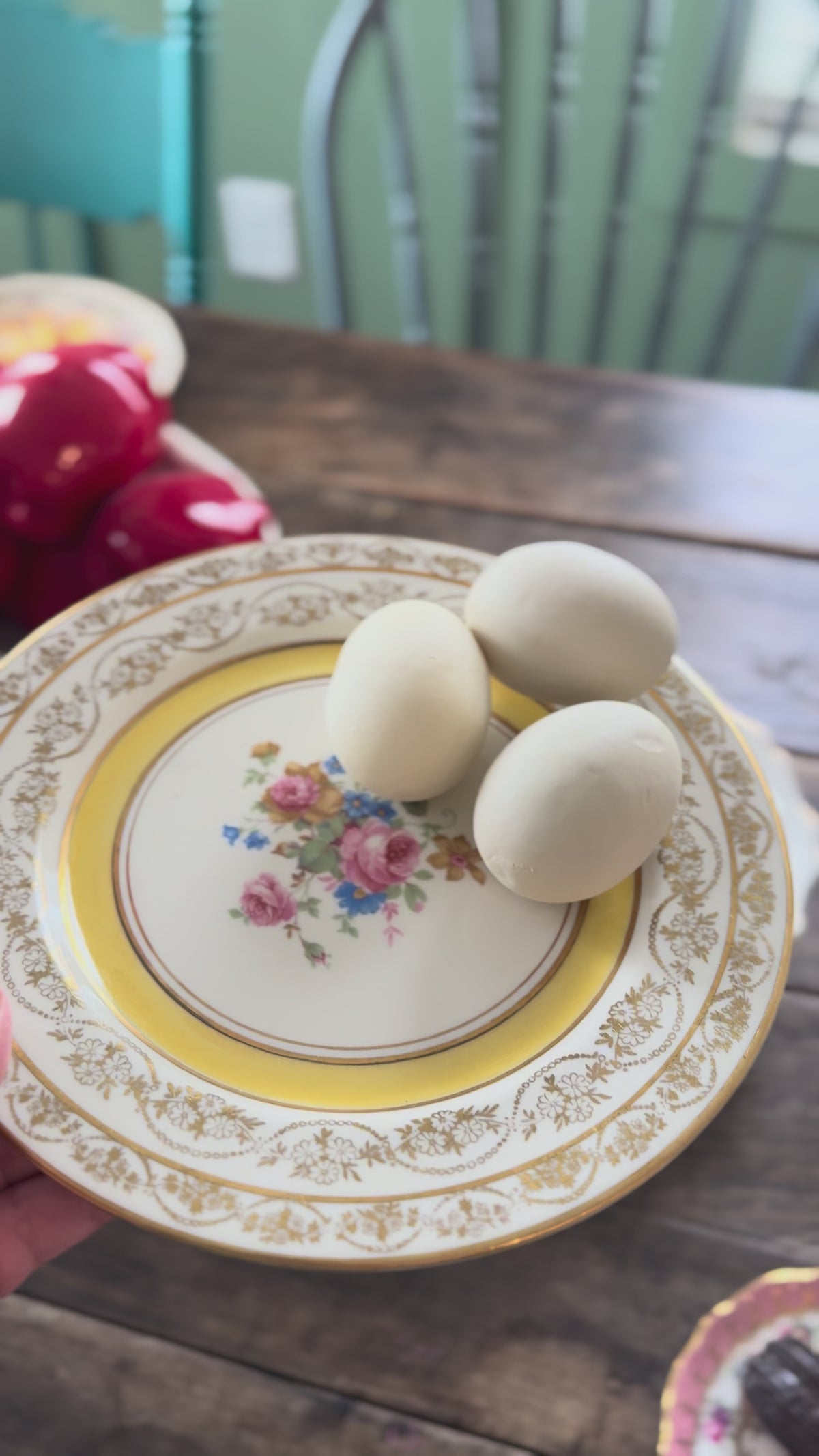 3 eggs on Vintage Plate