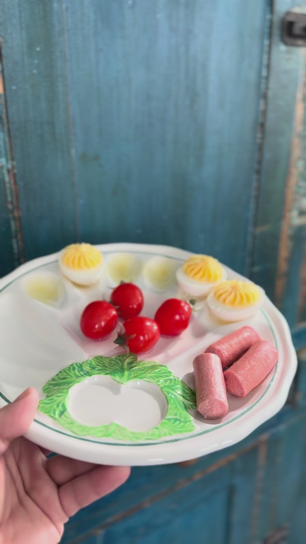 Fake Food Plate- Sausage on Vintage Deviled Egg Platter